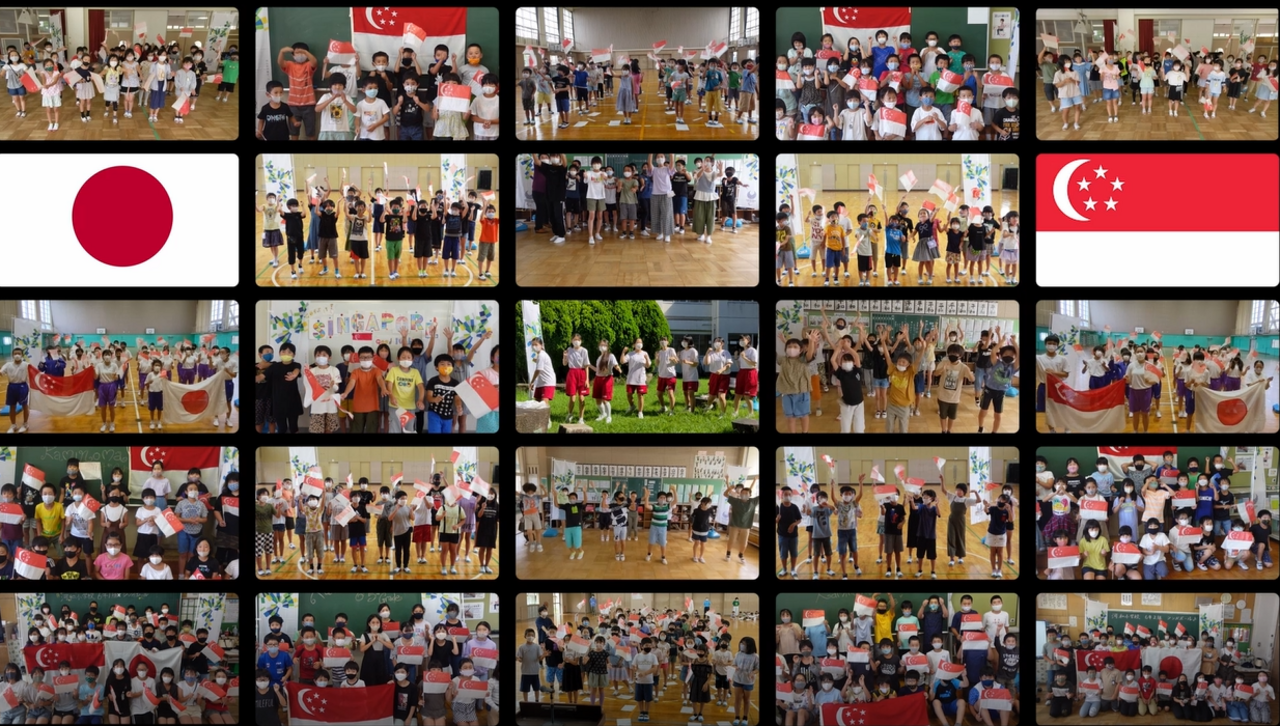 縦5列横5列に並べられた、日本とシンガポールの子供達の応援動画