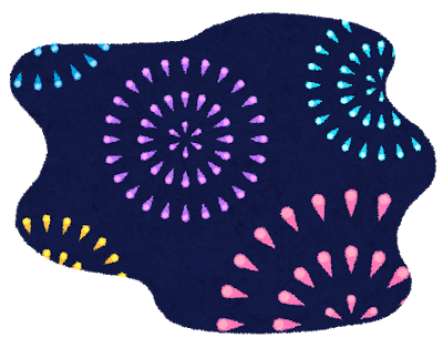 夜空に打ち上がった紫や水色、赤、黄色などの花火のイラスト