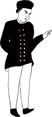 帽子を被りスーツを着て右手は腰の後ろに左手は何かを指しているような音吉イラスト