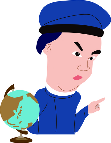 地球儀の隣に青い服と帽子を被って人差指を立てている音吉のイラスト