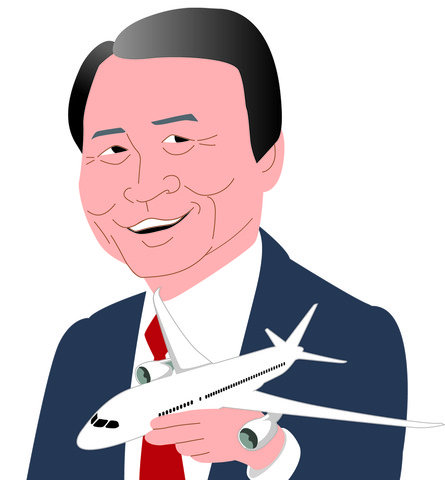 飛行機を左手で持ちスーツを着た榊原定征氏のイラスト
