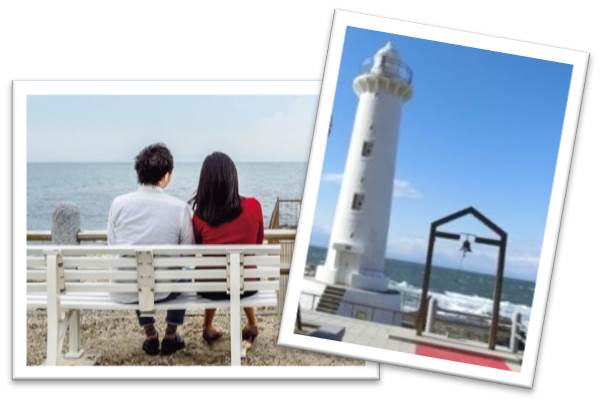 左:白のベンチにカップルが座っている写真、右:白い野間埼灯台と絆の鐘の写真