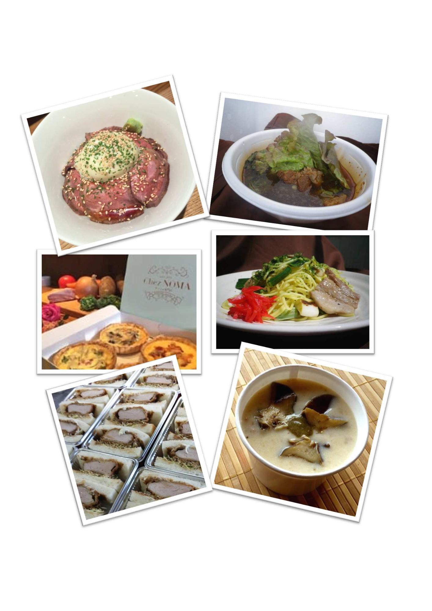 1列目の左から下へローストビーフ丼、うま辛スープ、キッシュ、南知多ネギ塩やきそば、かつサンド、運愛(うんね)チャウダー、6種類のフード.の写真