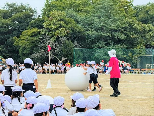 令和7年度河和小学校運動会で子どもたちが大玉転がしをしている様子
