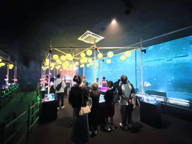 南知多ビーチランドで開催された町民感謝デーで水槽の魚を眺める家族連れの様子