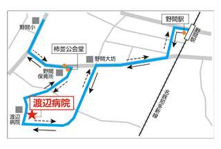 新設の渡辺病院停留所を巡回するミニバスの運行地図