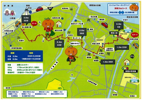野間公民館から食と健康の館までの野間3キロメートルコースマップ