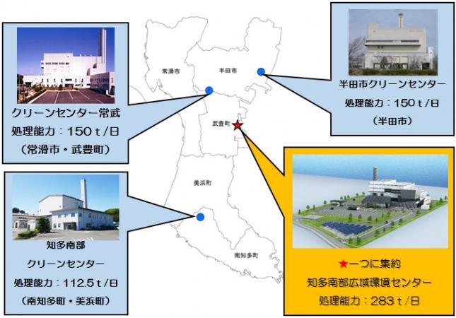 クリーンセンター常武、知多南部クリーンセンター、半田市クリーンセンターを知多南部広域環境センターを1つに集約する知多南部広域環境センターの場所を示しているイラスト地図