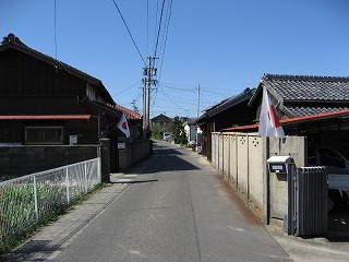 青空の下、道路の両脇に立つ民家の門前に日本の国旗が掲げられた野間地区周辺の街並みの写真