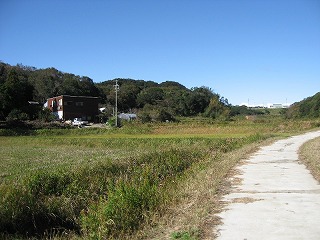 青空の下、遠くには木々が見え、田畑が広がっている自然あふれる風景を写した写真