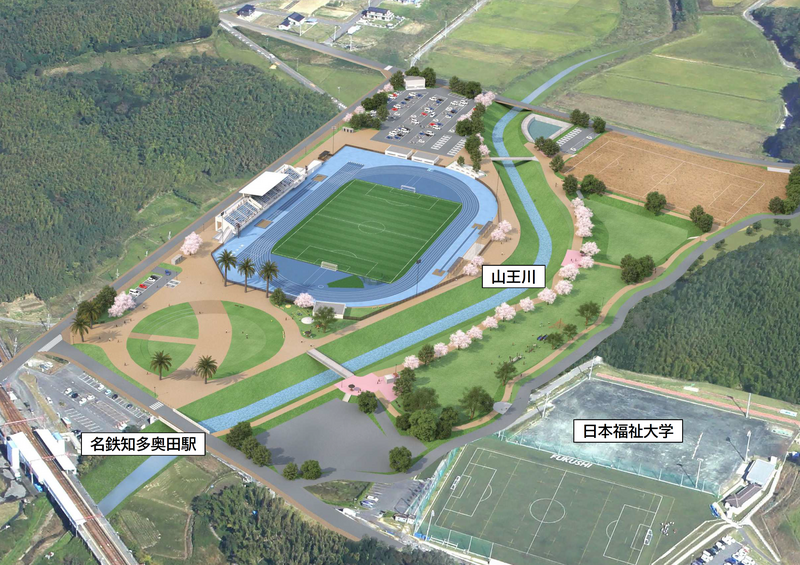 左側に「名鉄知多奥田駅」、屋外サッカー場がある中央に「山王川」が流れ、右に「日本福祉大学」がある陸上競技場周辺の模型を写した写真