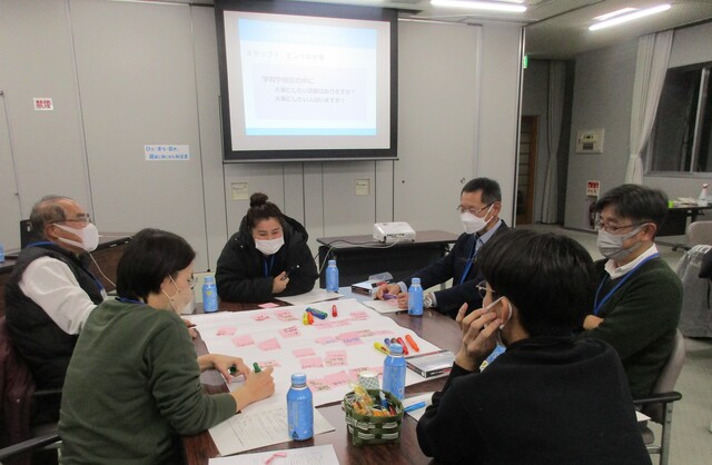 6人が大きな机を囲み席につき、大きな模造紙に付箋を沢山貼り付けて話し合いをしている様子の写真