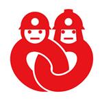 ヘルメットを被った2人の消防士の体が知恵の輪みたいに繋がった赤一色で描かれた消防団協力事業所表示マーク