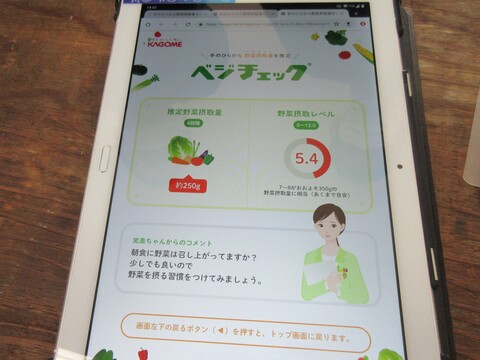 ベジチェックと書かれ野菜摂取レベル5.4、推定野菜摂取量約250グラムと書かれたベジチェックの画面の写真