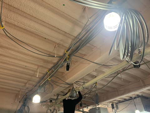 束にまとまったコードが天井に設置され、脚立に乗った作業員が天井の電気配線工事を行っている様子の写真