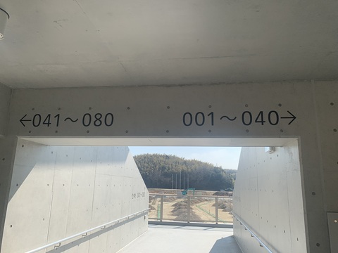 観覧スタンドへ向かう通路の上に左矢印041～080、右矢印001～040とサインが取り付けされた写真