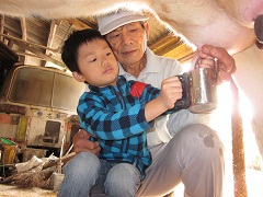 水色の格子柄のシャツを着た男の子が冨谷さんのひざに座り乳搾りの体験をしている写真