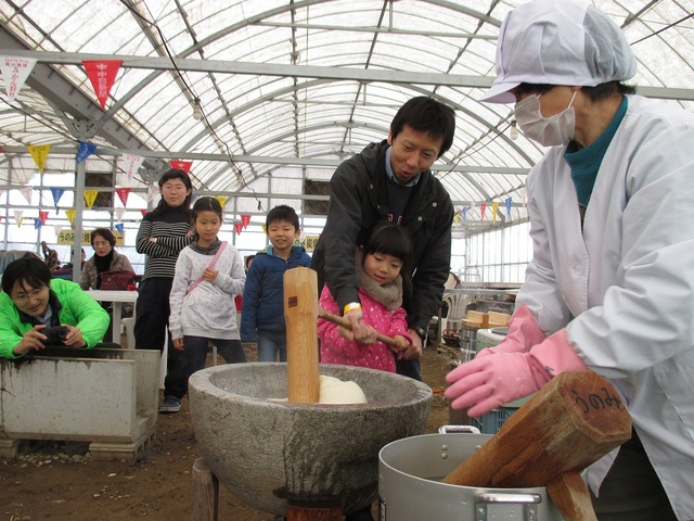 参加者達が見守る中、石臼を使って、杵を持った女の子とお父さんが一緒に餅つきをしている写真