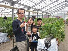 ビニールハウスの中でイチゴを手に持ちカメラに笑顔を向けているお父さん、お母さん、男の子2人の家族写真