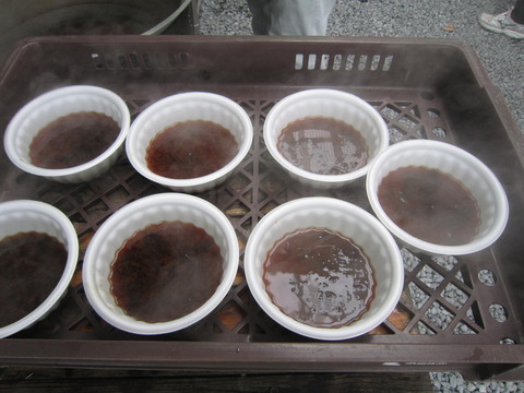 食品コンテナの中に、湯気が立つ海苔のみそ汁が7つ、器に盛られて並べられている写真