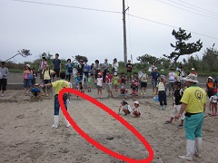 砂浜についた、ウミガメが上陸した跡の箇所に赤い丸印がついている写真