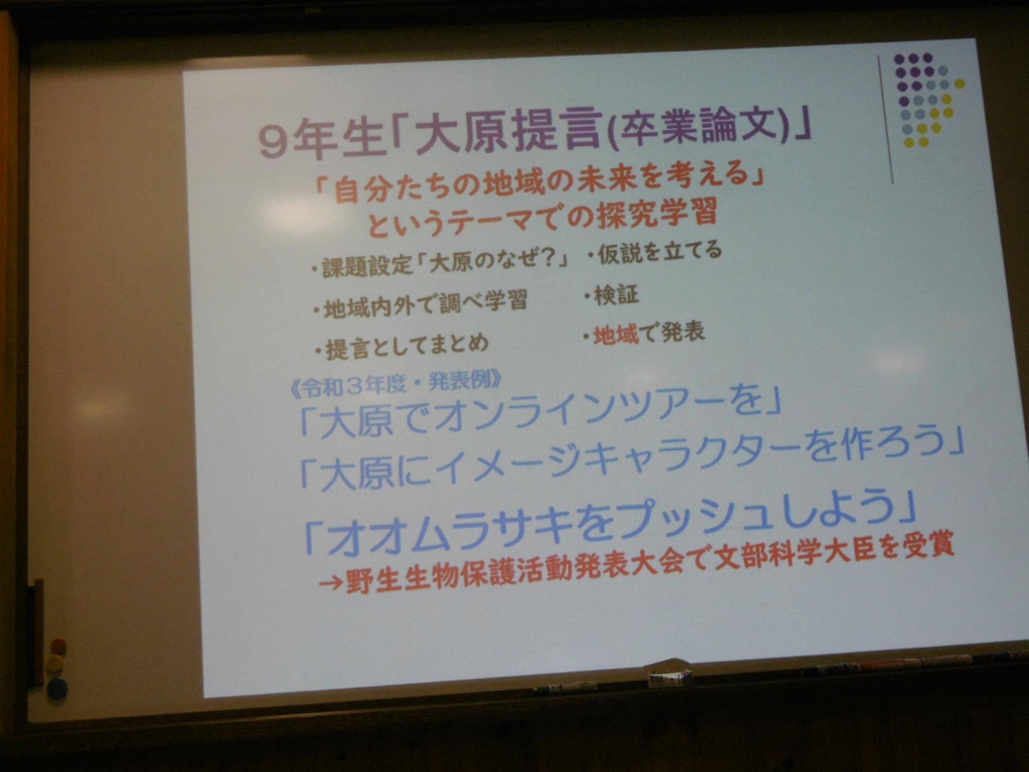 スクリーンに写された9年生「大原提言(卒業論文)」の資料の写真