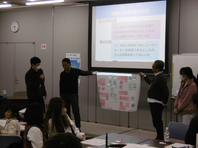 付箋が貼られた大きな紙をプロジェクタースクリーンの下で皆に見えるように持っている男性2名と、周りに立って一緒に発表をしている関係者達の写真