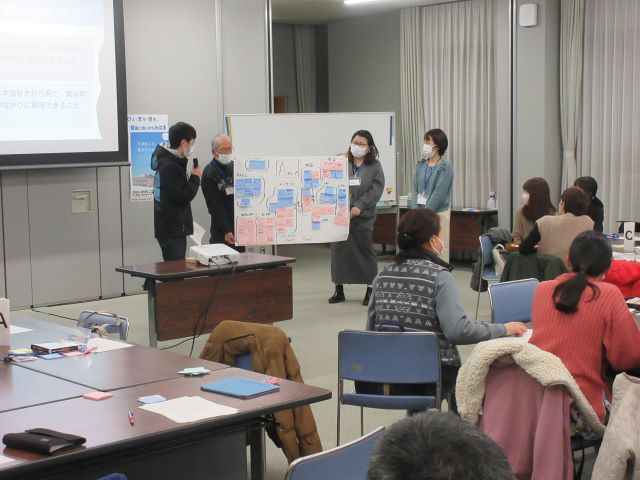 水色とピンク色の付箋が複数のグループごとに分けて貼られた資料を、他の人たちに見せながら発表を行っている関係者達の写真
