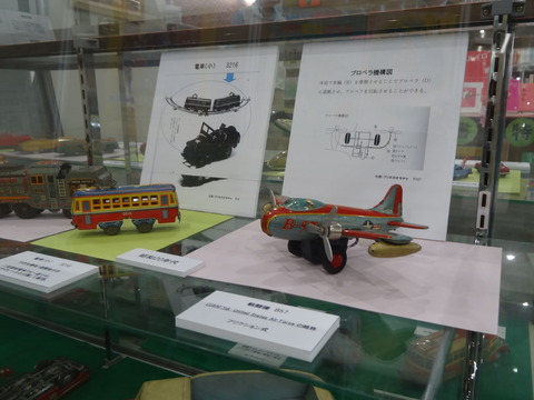 カラフルな色をした電車や飛行機などのおもちゃが説明文とともに展示されている写真