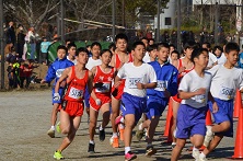 マラソンウェアや体操服を着用した参加者たちが三角コーンが立てられたマラソンコースを競い合いながら走っている写真