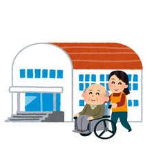 体育館の横を車いすに乗った高齢者の男性の車いすを押している女性のイラスト